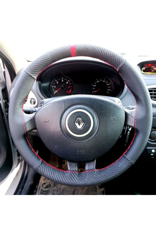 DİKİŞLİ DİREKSİYON KILIFI KARBON DERİ NOKTA DERİ KIRMIZI YÜZÜK KIRMIZI DİKİŞLİ RENAULT CLİO