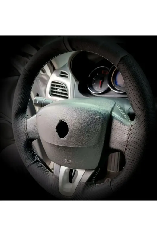 DİKİŞLİ DİREKSİYON KILIFI KARBON / NOKTALI DERİ GRİ YÜZÜK GRİ DİKİŞ RENAULT FLUENCE İÇİN
