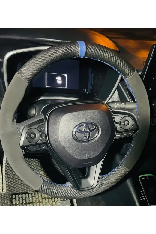 DİKİŞLİ DİREKSİYON KILIFI KARBON NUBUK DERİ MAVİ YÜZÜK MAVİ DİKİŞ TOYOTA COROLLA YENİLER