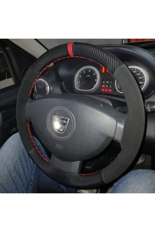 DİKİŞLİ DİREKSİYON KILIFI KARBON NUBUK KIRMIZI YÜZÜKLÜ DACİA İÇİN HIZLI KARGO
