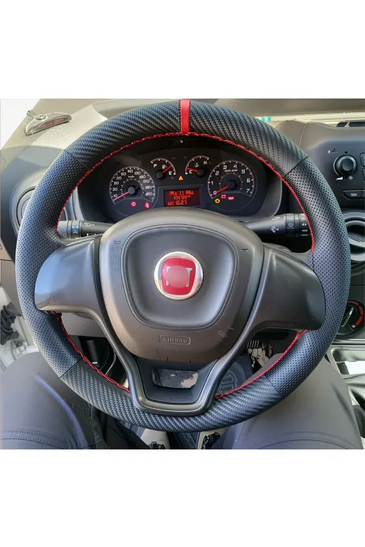 DİKİŞLİ DİREKSİYON KILIFI NOKTALI KARBON DERİ KIRMIZI YÜZÜK KIRMIZI DİKİŞ FIAT DOBLO İÇİN