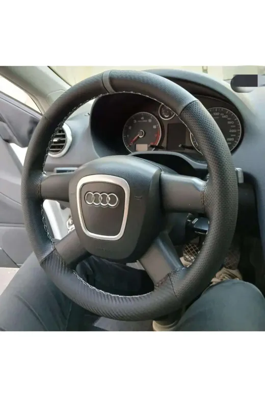 Dikişli Direksiyon Kılıfı Noktalı/karbon Deri Gri Yüzük Gri Dikiş Audi İçin