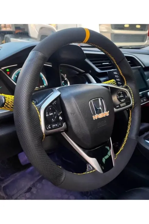 DİKİŞLİ DİREKSİYON KILIFI NUBUK / NOKTA DERİ SARI YÜZÜK SARI DİKİŞ HONDA CİVİC BU DİREKSİYON