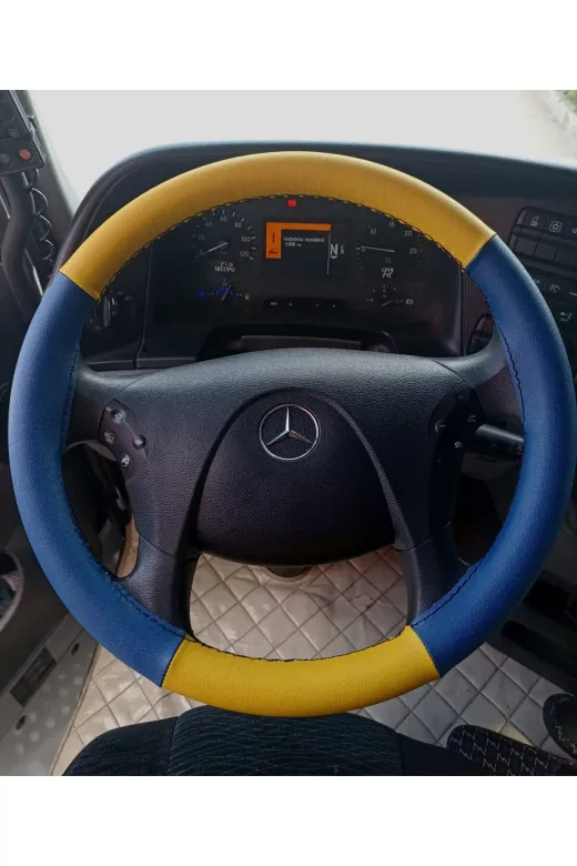DİKİŞLİ DİREKSİYON KILIFI SARİ / MAVİ DERİ SİYAH DİKİŞLİ MERCEDES KAMYON OTOBÜS BU DİREKSİYONA