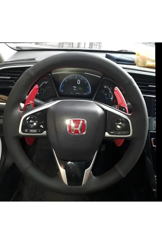 DİKİŞLİ DİREKSİYON KILIFI SİYAH DERİ NOKTALI DERİ KIRMIZI DİKİŞLİ HONDA CİVİC FC5 İÇİN