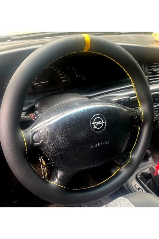 DİKİŞLİ DİREKSİYON KILIFI SİYAH DERİ SARI YÜZÜK SARI DİKİŞLİ OPEL VECTRA B İÇİN