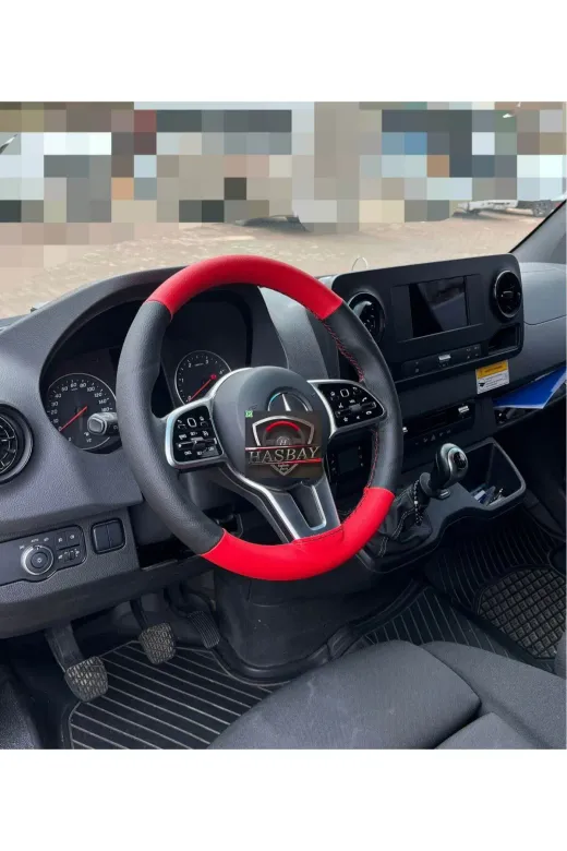 DİKİŞLİ DİREKSİYON KILIFI SİYAH/KIRMIZI DERİ SİYAH (Siyah) DİKİŞLİ MERCEDES SPRİNTER VİTO için