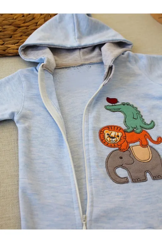 DMR Elegance DMR-BABY-Babyxml-1A1105-DENZCK25275 6-9 9-12 Ay Ef Çizgi Boy Fermuarlı Hayvanlar Alemi Nakışlı Kapşonlu Kız Erkek Bebek Tulumu Mavi