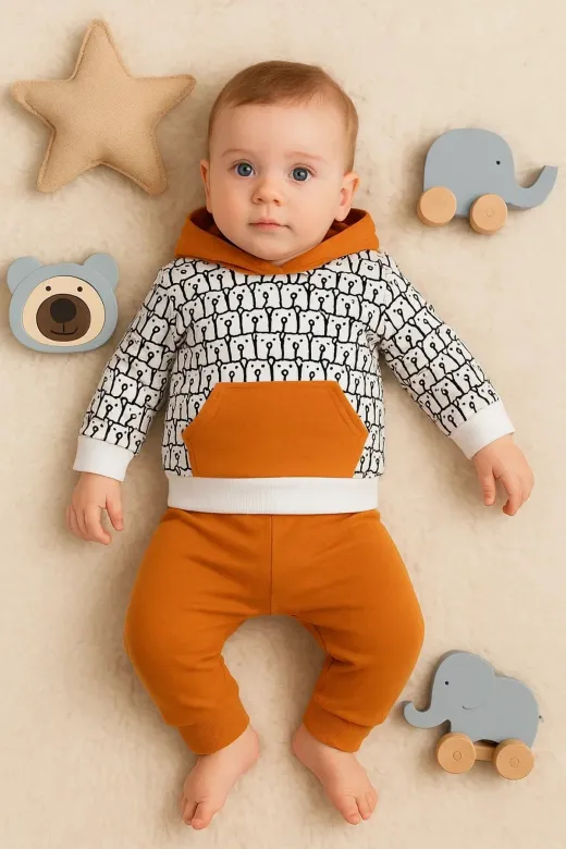 DMR Elegance DMR-BABY-BBYXML-2023030010014 Minik Ayıcıklar Desenli 2'li % 100 Pamuk Erkek Bebek Takımı