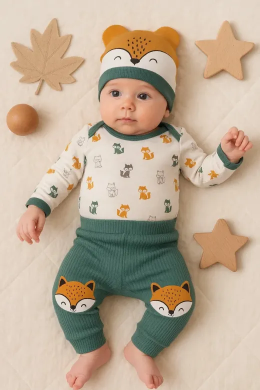 DMR Elegance DMR-BABY-BBYXML-2023030030037 Little Fox Desenli 3'lü % 100 Pamuklu Erkek Takım