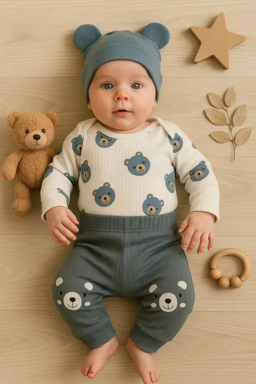 DMR Elegance DMR-BABY-BBYXML-TXXOF8LL09 Kulaklı Ayıcık % 100 Pamuk 3'lü Erkek Bebek Takım