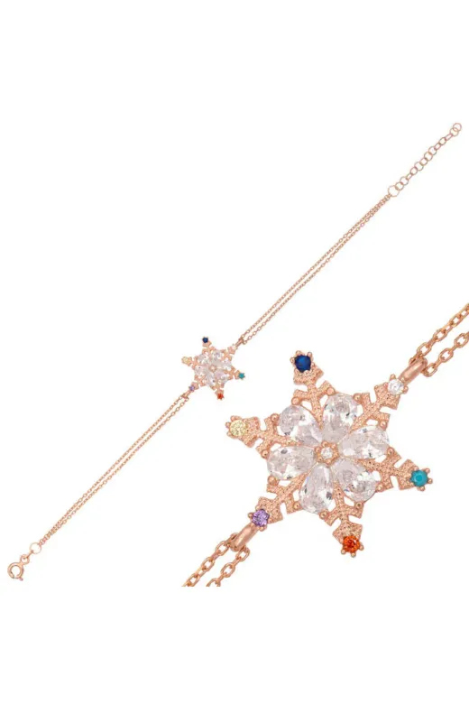 DMR Elegance DMR-GMSH-BRKD-BR11003481 Gümüş Rose Renkli Taşlı Kar Tanesi Kadın Bileklik