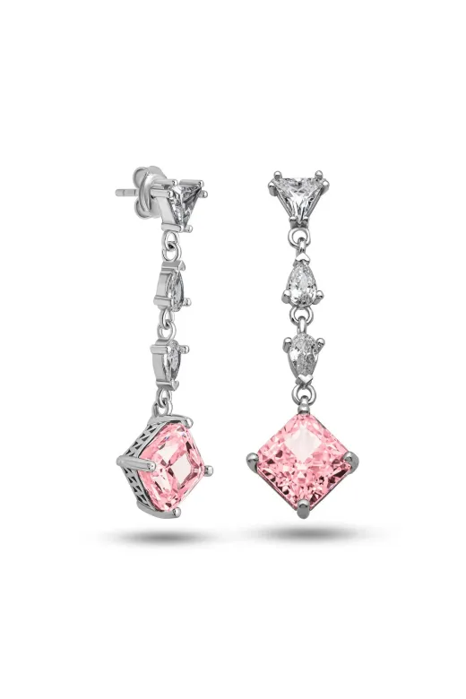 DMR Elegance DMR-GMSH-BRKD-EA11005130 Gümüş Ice Cut Pembe Zirkon Taşlı Işıltılı Kadın Küpe