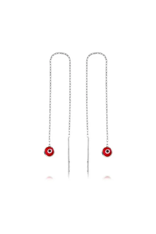 DMR Elegance DMR-GMSH-BRKD-EA1160043 Gümüş Zincirli Kırmızı Nazar Küpe