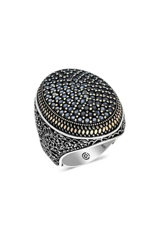 DMR Elegance DMR-GMSH-BRKD-MR11002754 Gümüş Siyah Zirkon Taşlı Oval Erkek Yüzük
