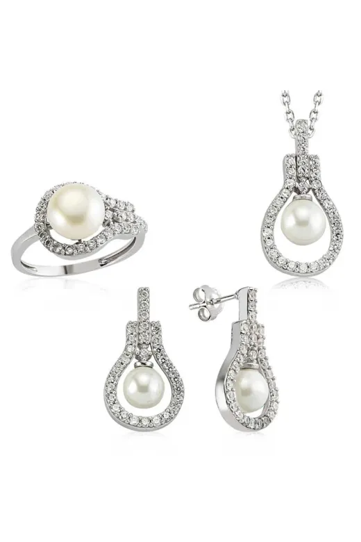 DMR Elegance DMR-GMSH-BRKD-SET101129 Kadın Gümüş İnci Damla Set