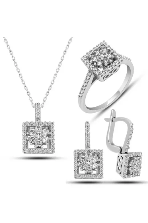 DMR Elegance DMR-GMSH-BRKD-ST11004107 Gümüş Kare Zirkon Taşlı Kadın Set