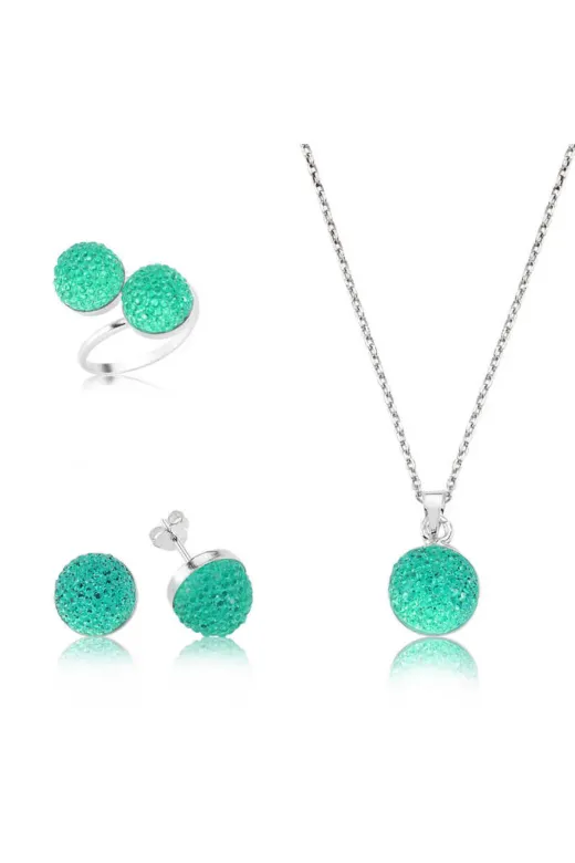 DMR Elegance DMR-GMSH-BRKD-ST1650001 Gümüş Yeşil Kristal Taşlı Set