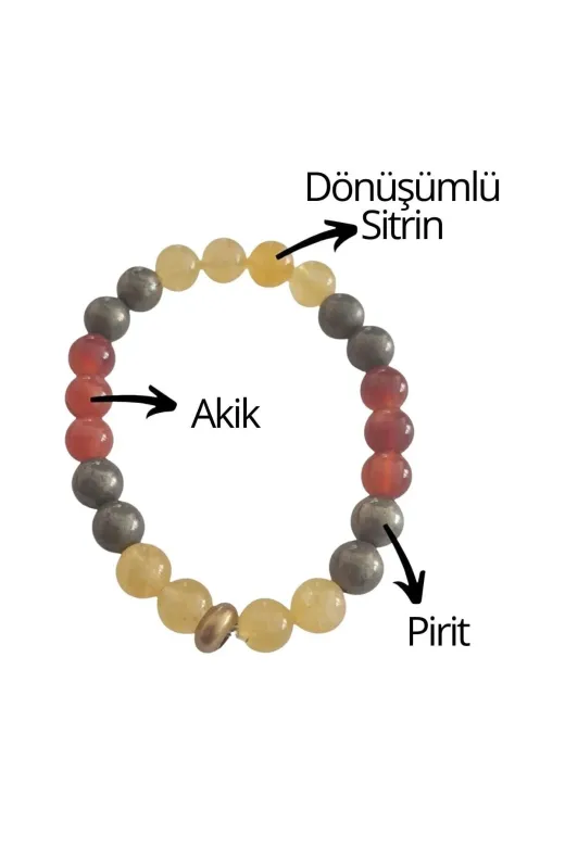 DOĞAL TAŞ CENNETİ 123ANKACEN823 Pirit, Dönüşümlü Sitrin, Akik Doğal Taş Bileklik 8 Mm