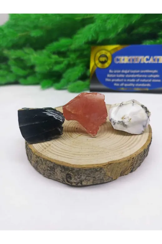 DOĞAL TAŞ CENNETİ 8520140 Çilek Kuvars Siyah Obsidyen Dentrilli Opal (Nazar Sağlık Bolluk Bereket ) Ham Set