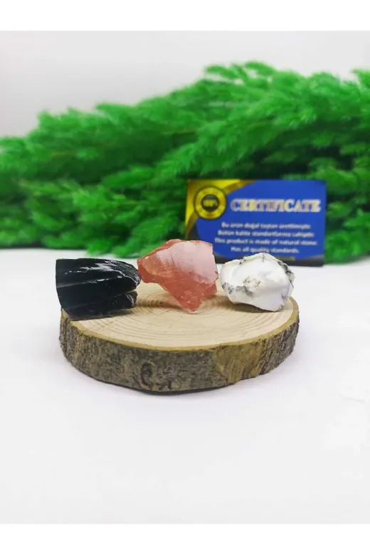 DOĞAL TAŞ CENNETİ 8520140 Çilek Kuvars Siyah Obsidyen Dentrilli Opal (Nazar Sağlık Bolluk Bereket ) Ham Set
