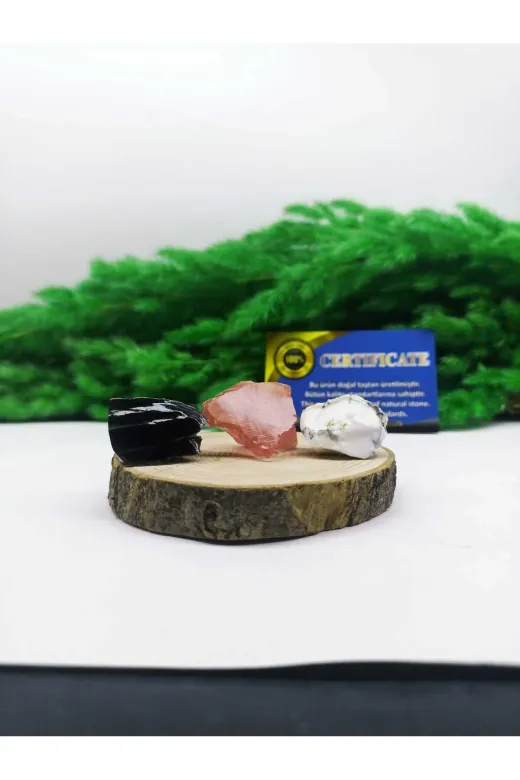 DOĞAL TAŞ CENNETİ 8520140 Çilek Kuvars Siyah Obsidyen Dentrilli Opal (Nazar Sağlık Bolluk Bereket ) Ham Set