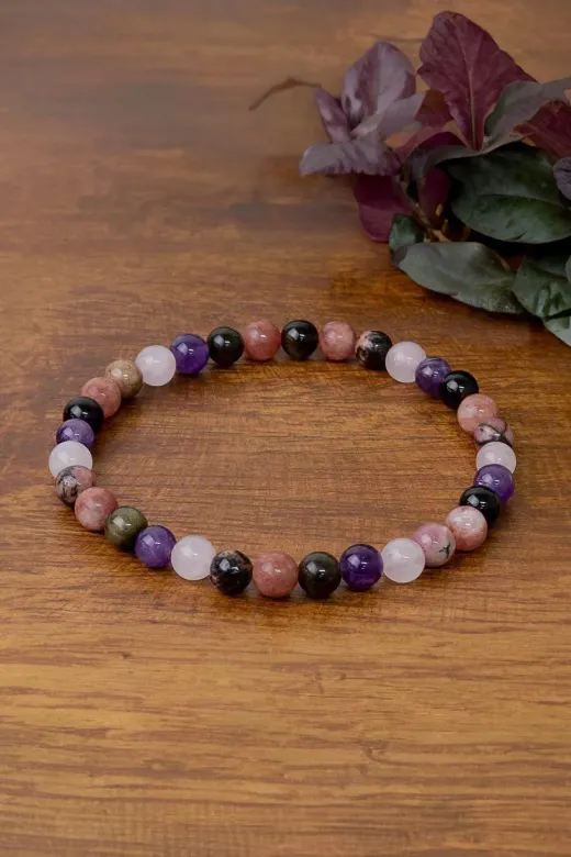 DOĞAL TAŞ CENNETİ CENNETUS111 Aşk Sevgi Bilekliği (Pembe Kuvars, Ametist, Obsidyen, Güneş Taşı Ve Rodonit Taşı)