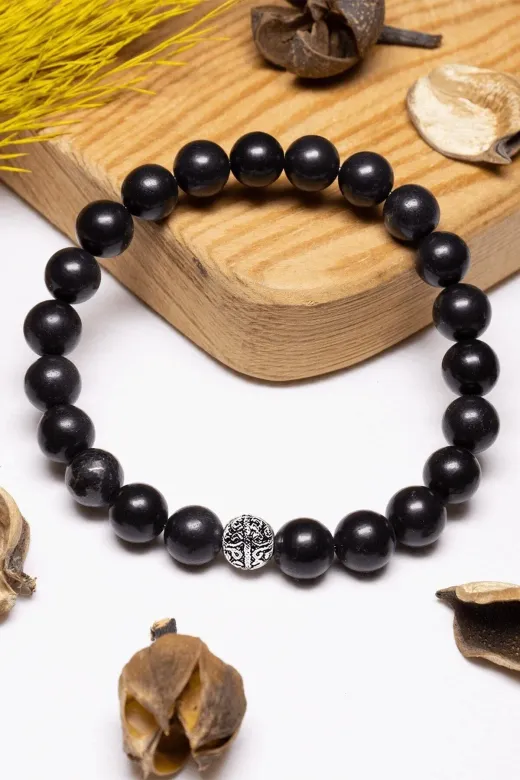 DOĞAL TAŞ CENNETİ DTŞCNT056 Sertifikalı Aaa+ Kalite Shungite - Şungit Taşı Bileklik - Gümüş Aparatlı