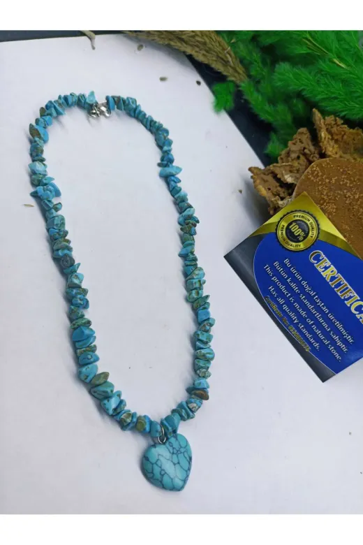 DOĞAL TAŞ CENNETİ firuzeturkuaztaşıkolyekırıktaş45cm Firuze Taşı Kırıktaş Kalpli Kolye (Turkuaz Taşı)