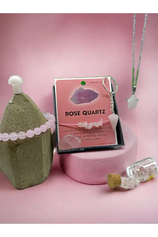 DOĞAL TAŞ CENNETİ PEMBEKUVARSSET Pembe Kuvars(Gül Kuvars) Doğal Taş Set (Sertifikali)