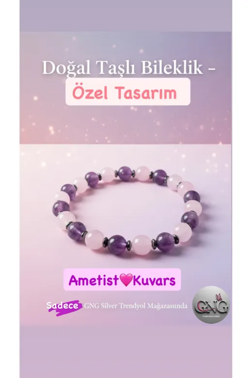 Doğaltaş GNGAkh12 Doğal Taş Bileklik – Pembe Kuvars & Ametist 7Mm Taşlı – Gng Silver Özel Tasarım