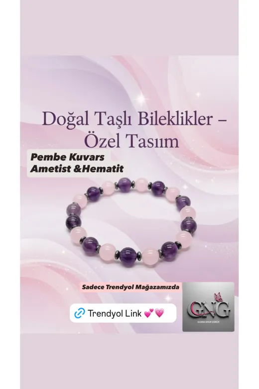 Doğaltaş GNGAkh12 Doğal Taş Bileklik – Pembe Kuvars & Ametist 7Mm Taşlı – Gng Silver Özel Tasarım