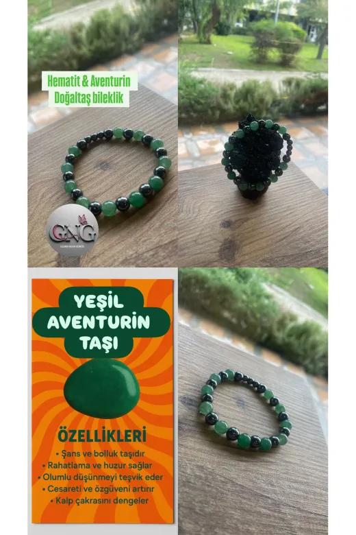 Doğaltaş GNGAVT01E Gng Silver Yeşil Şans Bolluk Taşı Aventurin Ve Hematit Erkek Lastikli Bileklik