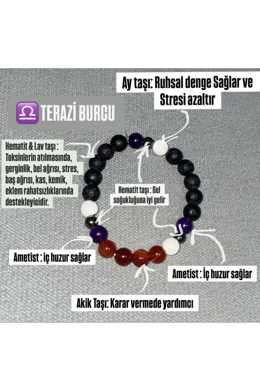 Doğaltaş GNTRZ01 Terazi Burcu Bileklik 8Mm Ay Taşı, Akik,lavtaşı , Hematit ,ametist Doğal Taş Erkek Bileklik