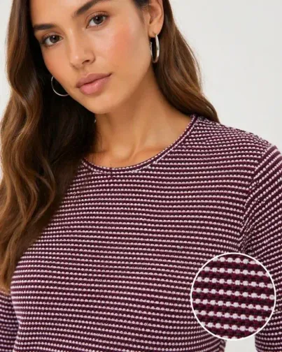 Dokulu Çizgili Uzun Kollu Tişört Oval Kesim Basic Rahat Kalıp Bluz - Bordo - L - Bordo