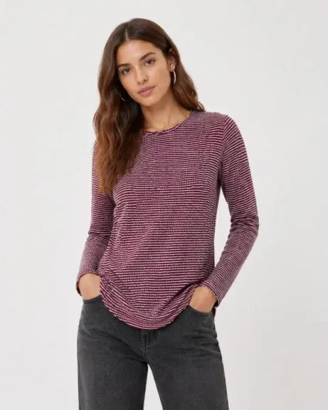 Dokulu Çizgili Uzun Kollu Tişört Oval Kesim Basic Rahat Kalıp Bluz - Bordo - L - Bordo