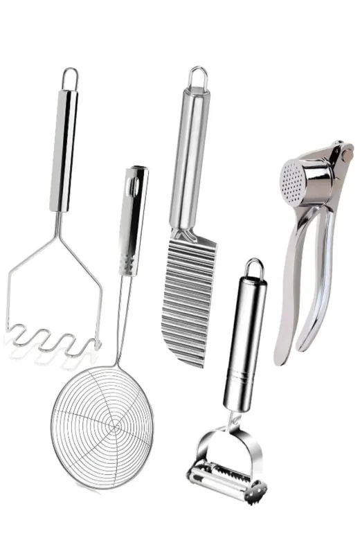 DORRY HOME HİM005554321, 5 Parça Mutfak Gereçleri Seti; Patates Ezici, Kevgir, Patates Bıçağı, Soyacak, Sarımsak Ezici