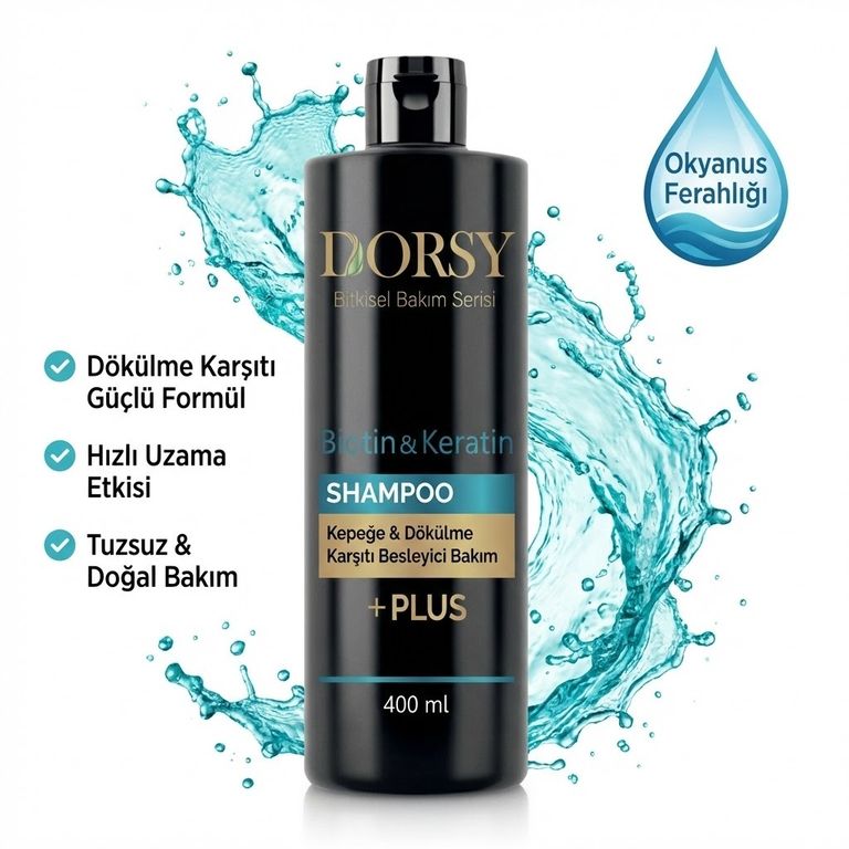 DORSY Dökülme-Kepek Karşıtı Besleyici Okyanus Kokulu Tuzsuz Doğal Biaotin-Keratin Şampuan 400 ml
