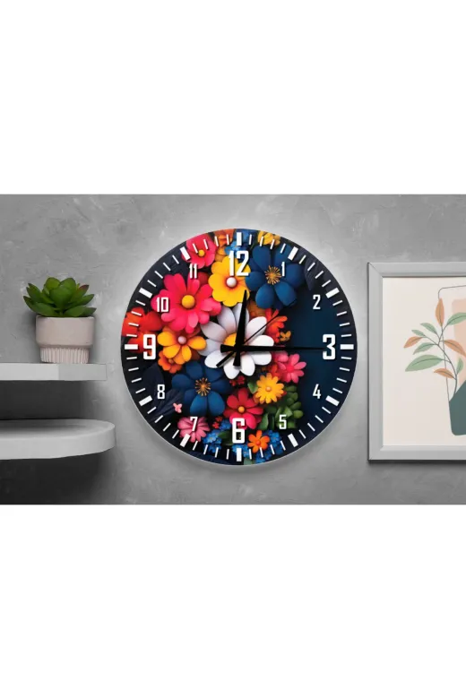 Dramatik Canlı Çiçek Buketi Baskılı Sessiz Duvar Saati 40 Cm
