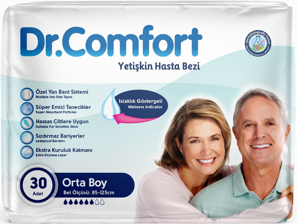 Dr.Comfort Yetişkin Bezi Bel Bantlı Tekstil Yüzeyli  M - Orta - Medium 30 Adet