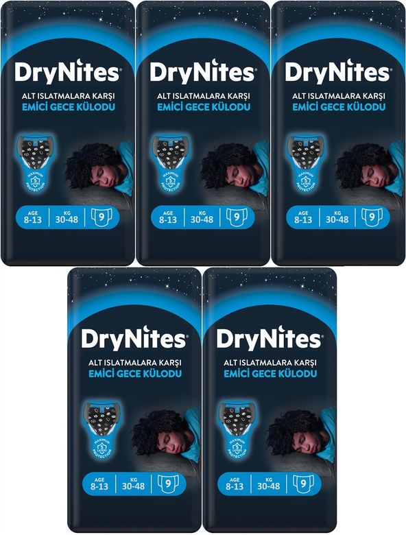 Drynites Emici Gece Külodu/Külot Bez Erkek 8-13 Yaş 30-48KG Large 45Adet 5PK*9 Alt Islatmalara Karşı