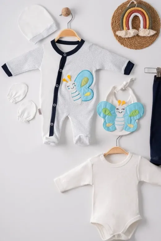 Dua Giyim JBTF-787387 Kelebek Nakışlı Tulumlu % 100 Pamuk Erkek Bebek 5'li Set