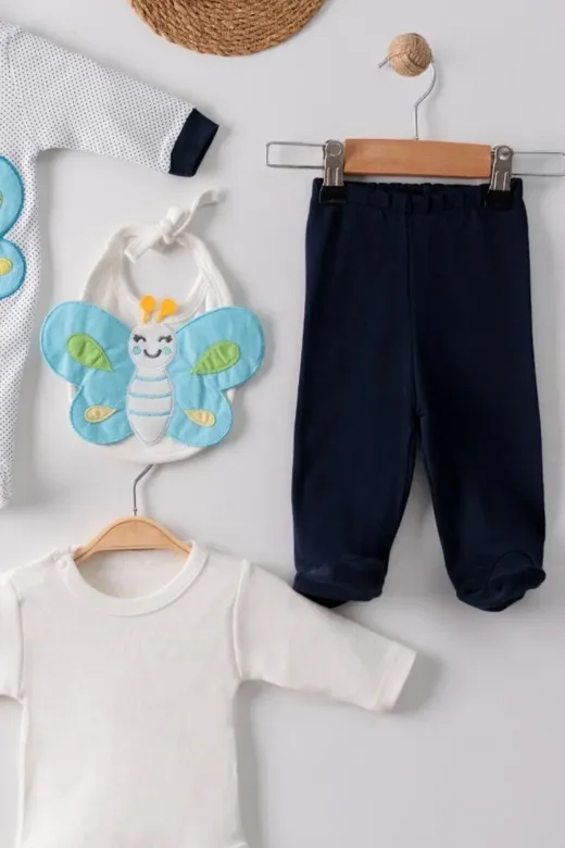 Dua Giyim JBTF-787387 Kelebek Nakışlı Tulumlu % 100 Pamuk Erkek Bebek 5'li Set