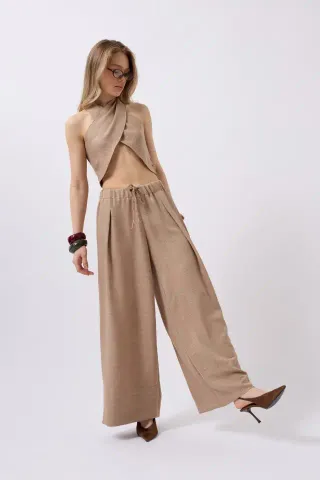 Düşük Bel Oversize Keten Pantolon - 36 - Vizon