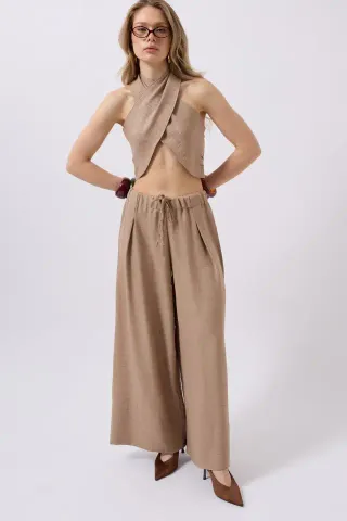 Düşük Bel Oversize Keten Pantolon - 36 - Vizon