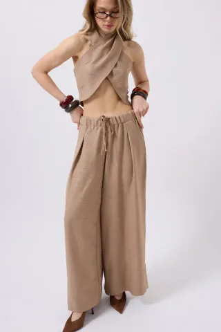 Düşük Bel Oversize Keten Pantolon - 36 - Vizon
