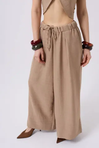 Düşük Bel Oversize Keten Pantolon - 36 - Vizon