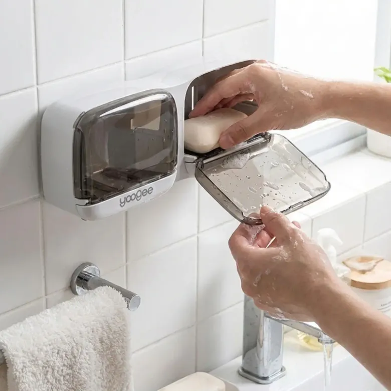 Duvara Monte İkili Kapaklı Plastik Katı Sabunluk Organizer – Banyo &amp;amp; Mutfak İçin Yapışkanlı Sabun Kutusu ve Düzenleyici (4745)
