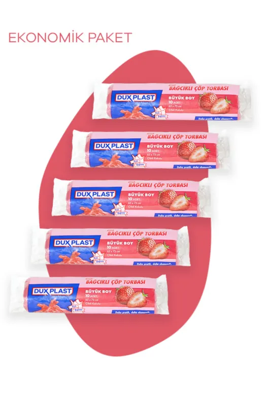 DuxPlast 8684255841032 Bağcıklı Çöp Torbası - Büyük Boy Çilek Kokulu 65X73 Cm - 5 Paket - 5X10= 50 Adet