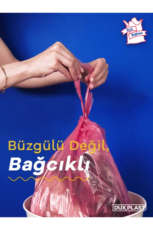 DuxPlast 8684255841032 Bağcıklı Çöp Torbası - Büyük Boy Çilek Kokulu 65X73 Cm - 5 Paket - 5X10= 50 Adet